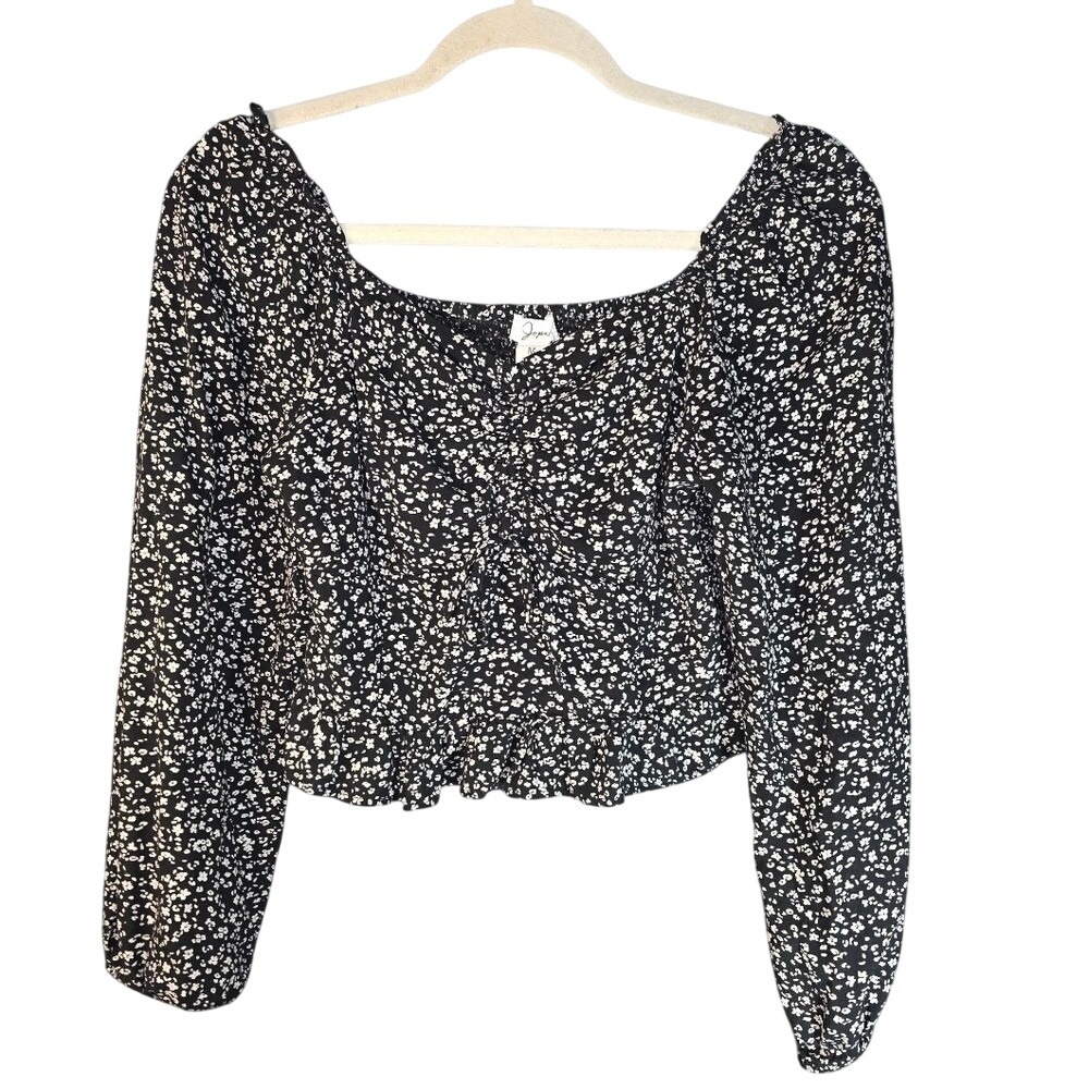Japna Black Floral Babydoll Crop Top Sweetheart Neck Bubble Sleeve Tie Front Med